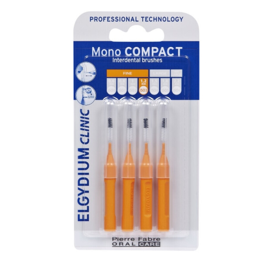 Elgydium, Clinic Mono Compact 3, Spazzolino arancione, 4 pezzi.