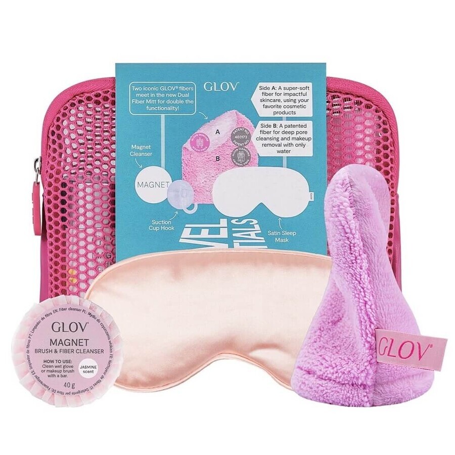 Glov Travel Essentials Juego de guantes de viaje + antifaz de satén para dormir + bastoncillo de limpieza magnético + gancho para ventosa + neceser de maquillaje