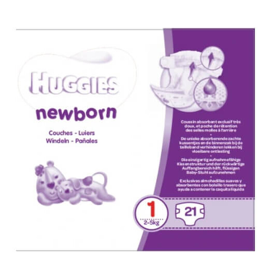 Huggies, nouveau-né, taille 1, 2-5 kg, couches, 21 pièces