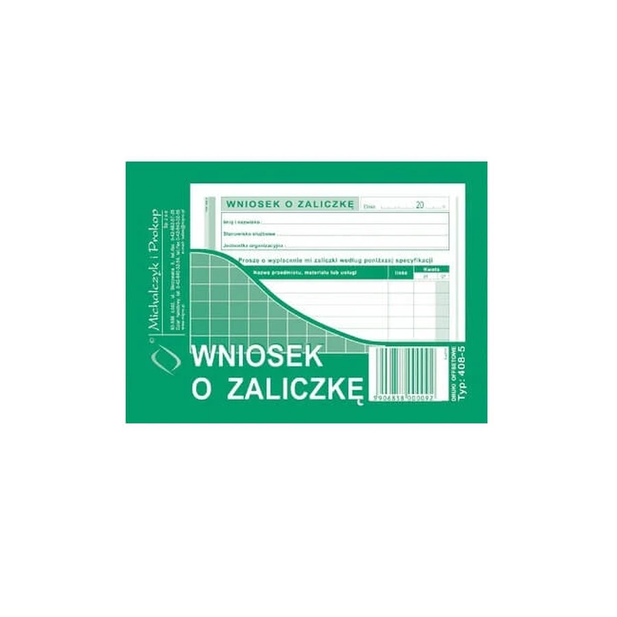 Wniosek o zaliczk 408-5, 40 kartek: ceny i cechy