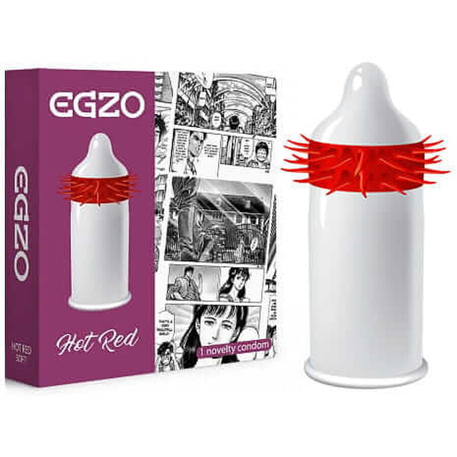 Egzo Hot Red Prezervativo suave con puntas acariciadoras, 1 ud.