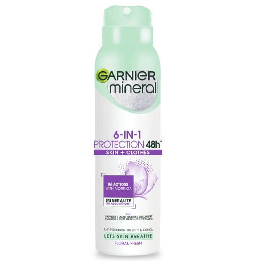 Spray antiperspirant Garnier Mineral 6-in-1 Protection Floral Fresh, 150ml