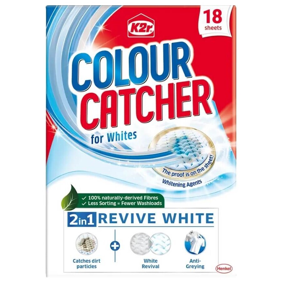 K2r Colour Catcher, 2in1 Protect amp; Revive White 2in1 White Wash Wipes, 18 pieces