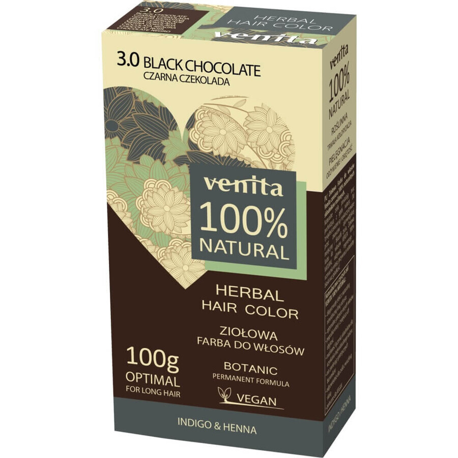 Venita 100% Vopsea de păr pe bază de plante 3.0 Ciocolată neagră, 100g