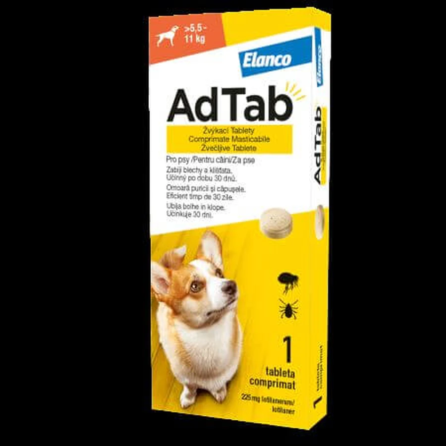 Antiparasitario oral para perros de 5,5-11 kg AdTab Dog 225 mg, 1 comprimido, Elanco