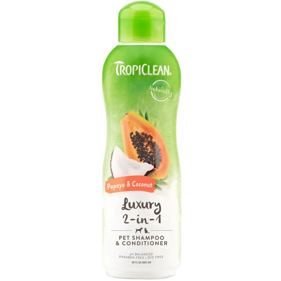 Papaya&Kokosnuss Grooming 2 in 1 luxuriöses Shampoo für Hunde und Katzen, 355 ml, Tropiclean