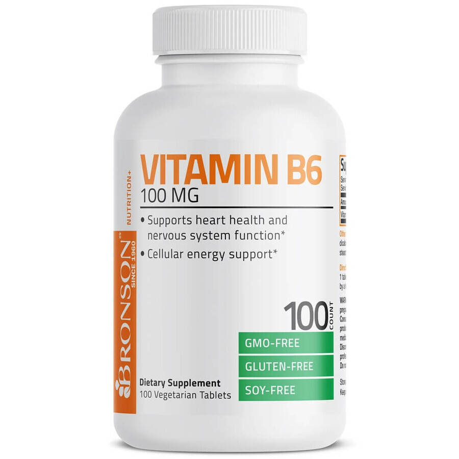 Vitamin B6 Pyridoxin, 100 mg, 100 pflanzliche Tabletten, Bronson