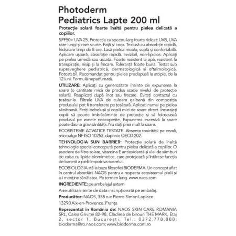 Zonbeschermingsmelk voor kinderen Photoderm Pediatrics, SPF 50+, 200 ml, Bioderma