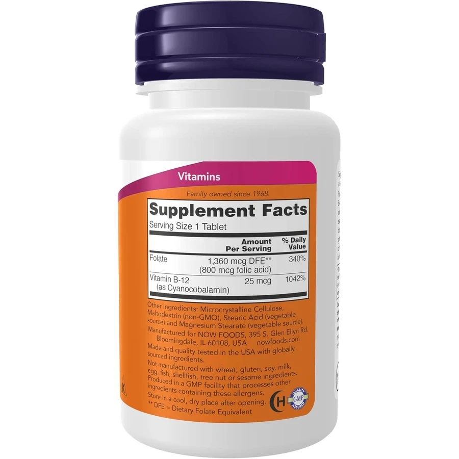 Ácido fólico 800 mcg con vitamina B-12 25 mcg, 250 comprimidos, Now Foods