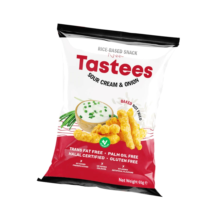 Rice snack with cream and onion flavored rice, 65 g, Tastees