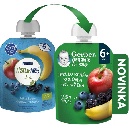 Gerber Organic Manzana, Plátano, Arándano y Zarzamora Bolsa 100% Bio 6m+ 16 x 90 g