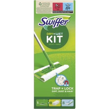 Swiffer Starter Set mit 1 Griff, 8 Trockentüchern und 3 Reinigungstüchern