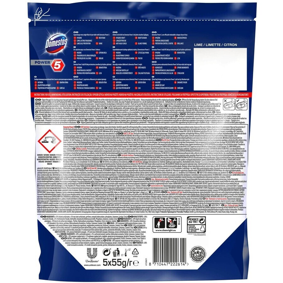 Domestos Power 5 Lime 5 x 55 g Domestos Power 5 Lime Toilet Blot