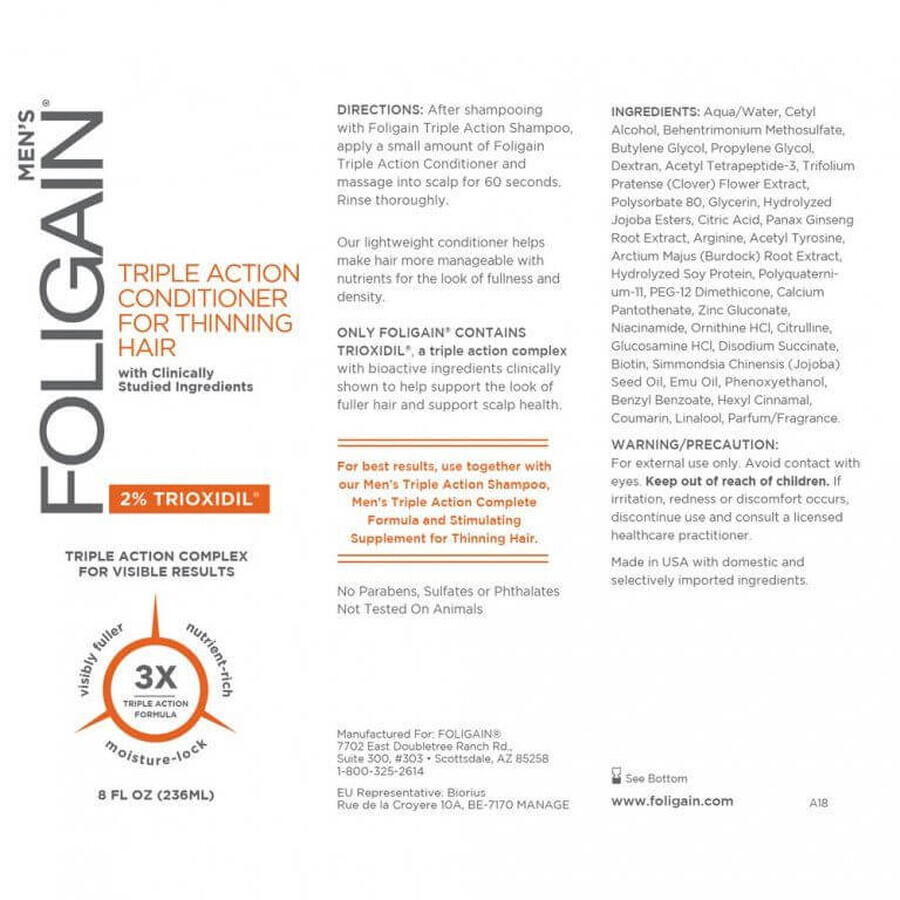 Foligain Acondicionador Triple Acción contra la caída del cabello con 2% Trioxidil para hombres 236 ml