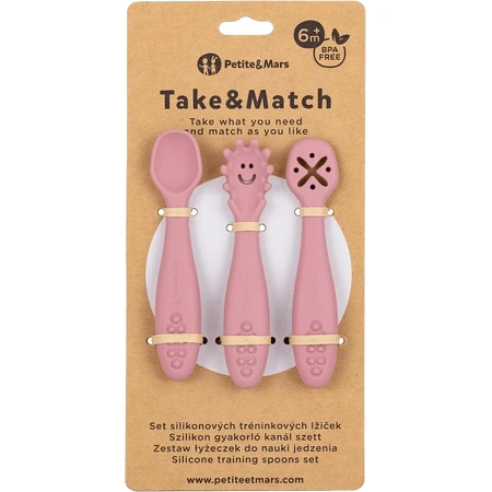 Petite&Mars Set siliconen oefenlepels Take&Match Dusty Rose 6m+ 3 stuks