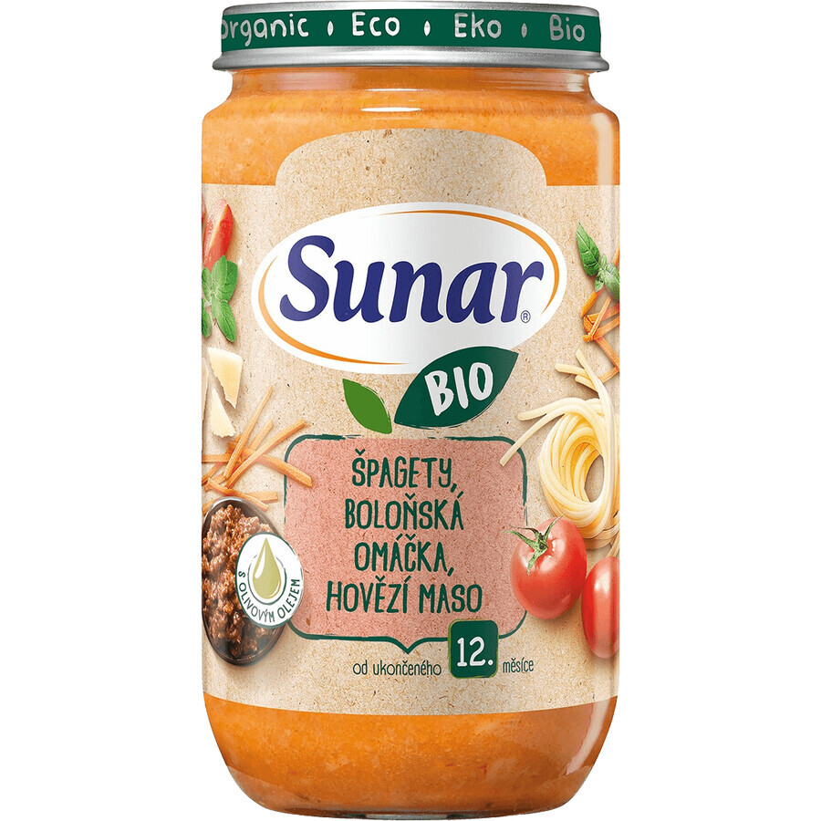 Sunar Spaghete organice, sos bolognez, carne de vită 12m+, 235 g