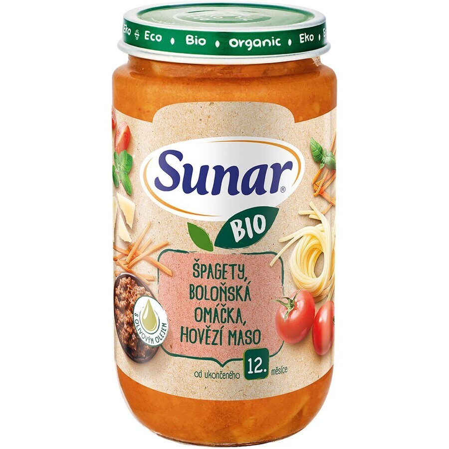 Sunar Spaghete organice, sos bolognez, carne de vită 12m+, 235 g