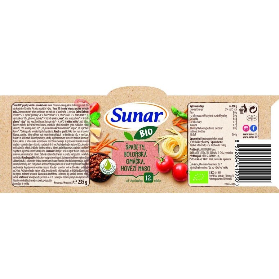 Sunar Spaghete organice, sos bolognez, carne de vită 12m+, 235 g