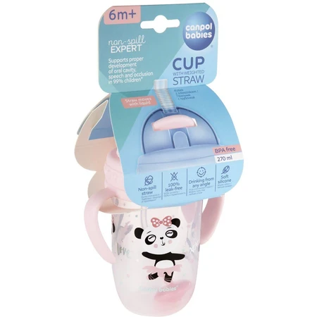 Canpol Bebés Vaso Pajita No-flow con peso 6m+ Animales exóticos rosa 270 ml