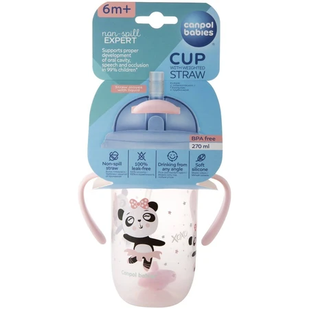 Canpol Bebés Vaso Pajita No-flow con peso 6m+ Animales exóticos rosa 270 ml