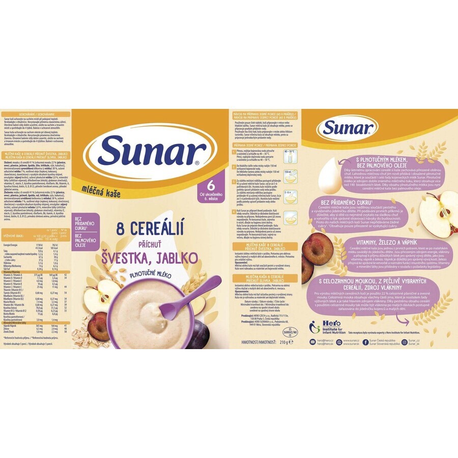 Sunar milk porridge with 8 cereals plum, apple 210 g