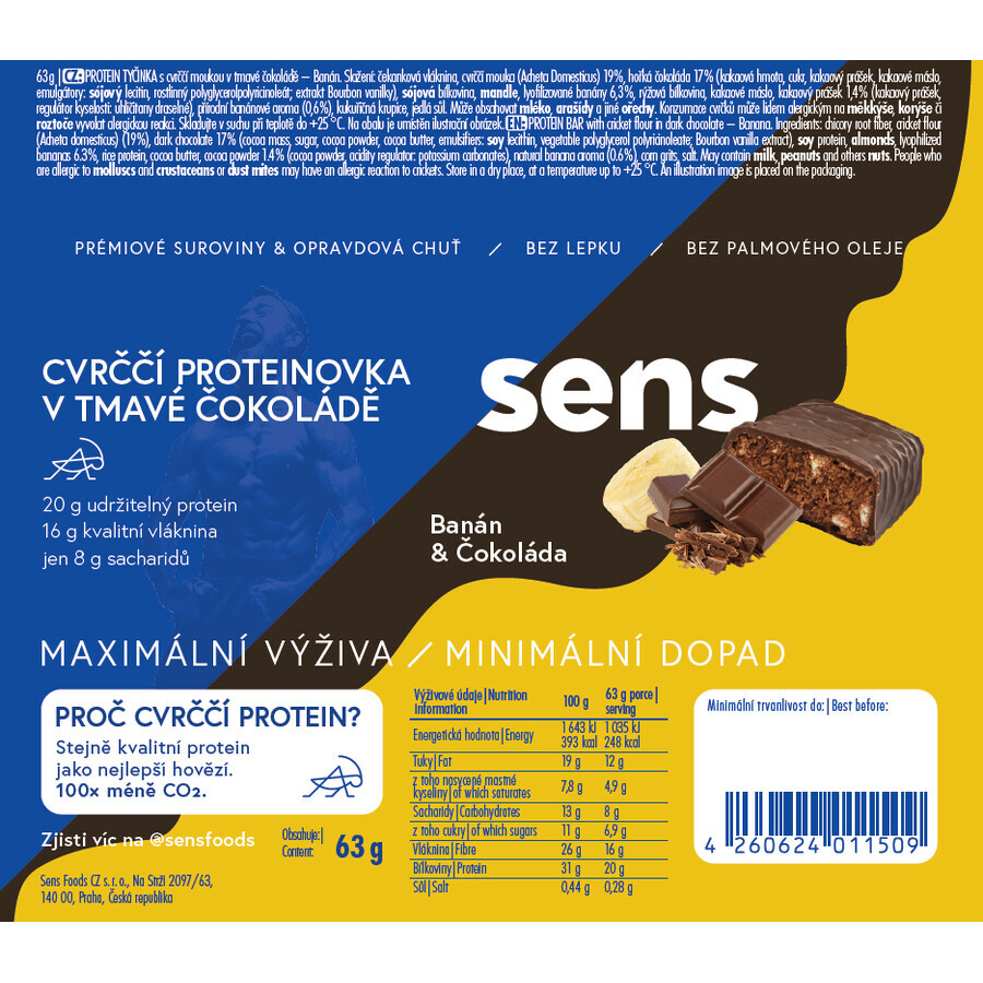 Sens Cricket Protein în ciocolată neagră - Banană 60 g
