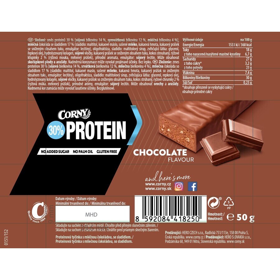 Corny Protein 30% ciocolată cu lapte baton proteic 50 g