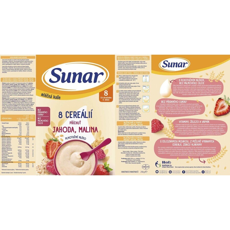 Sunar milk porridge with 8 cereals strawberries, raspberries 210 g