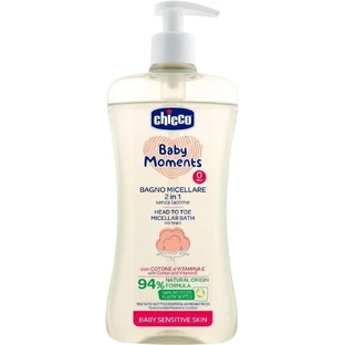 Chicco Baby Moments Sensitive shampooing micellaire pour cheveux et corps avec distributeur 94% d'ingrédients naturels 500 ml