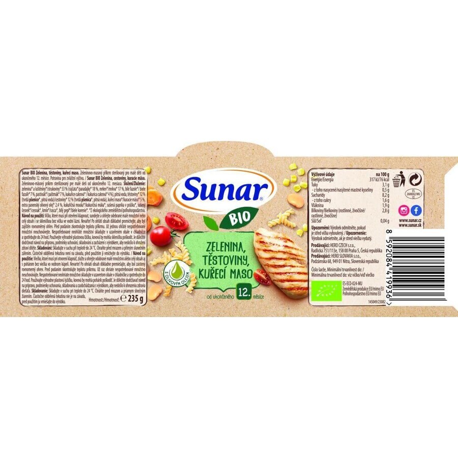 Sunar Verduras ecológicas, pasta, pollo 12m+, 235 g