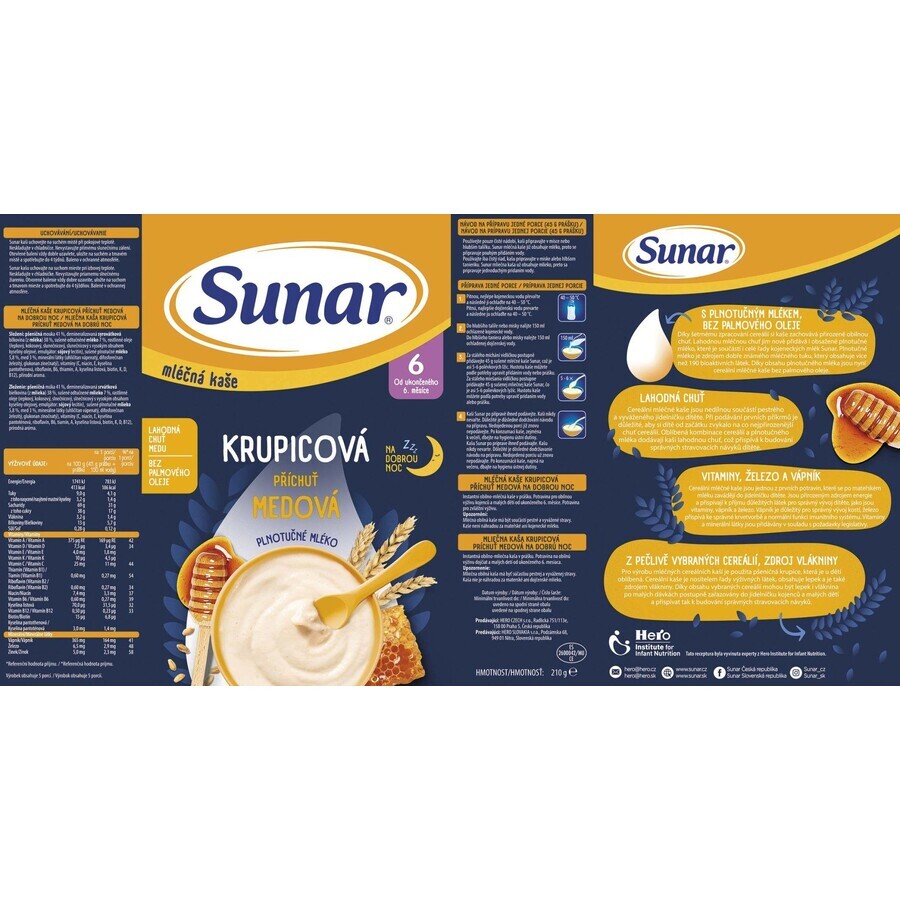 Porridge di semolino di latte Sunar per una buona notte di miele 210 g