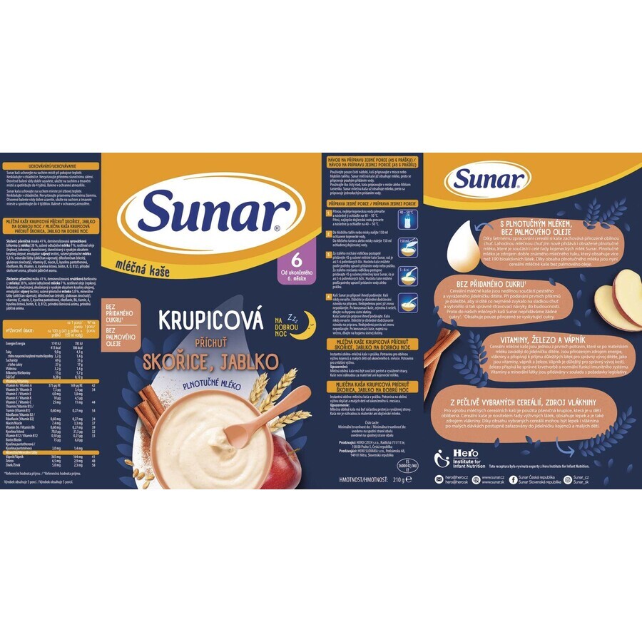 Sunar lapte terci de semolă pentru o noapte bună scorțișoară, măr 210 g