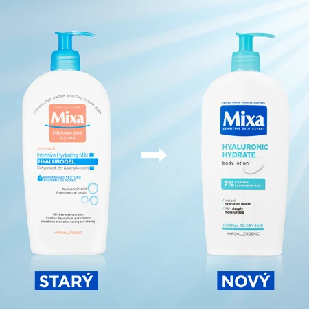 Mixa Hyaluronic Hydrate loción corporal hidratante intensiva para pieles normales a secas 400 ml