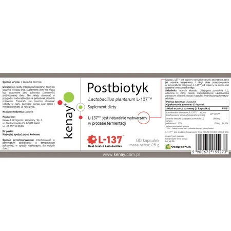 Postbiotic Lactobacillus plantarum L-137, 60 capsules Kenay