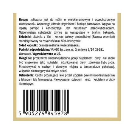 Brahmi (Bacopa Monnieri) extract 50% bacoside 100 capsules YANGO