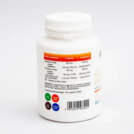 Magnesiumcitrat 100 mg mit Kalium 150 mg, B6 (P-5-P) 100 Aliness® 100 vegetarische Kapseln