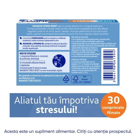 MagneVie Stress Resist with Ashwaghanda 80mg + 60 mg magnesium + 1.4mg vitamin B6, nervous system and stress resistance, 30 tablets