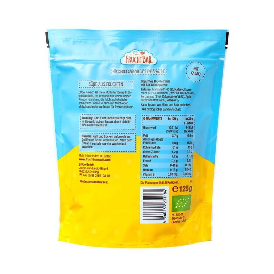 Cereali di avena biologici con cacao, uva, mele, +12 mesi, 125 g, Frucht Bar