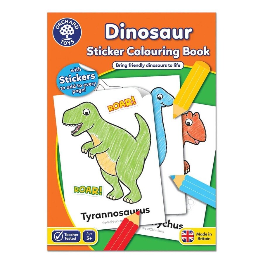 Coloring book with dinosaur stickers in English, +3 years, Orchard