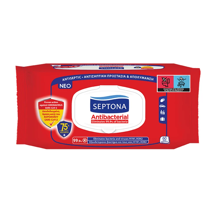 Antibacterial wet napkins with 75% ethanol, 60 pieces, Septona