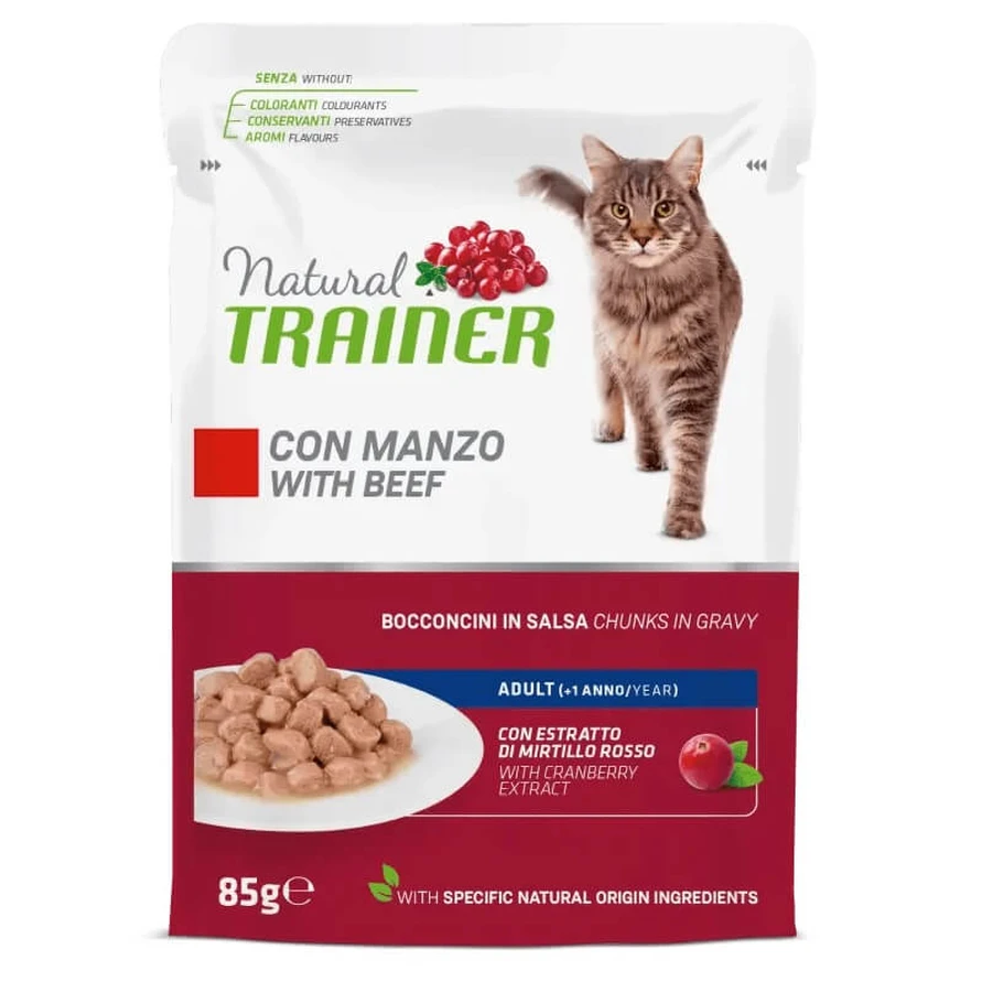 Wet cat food with beef for adult cats, 85 g, Natural Trainer