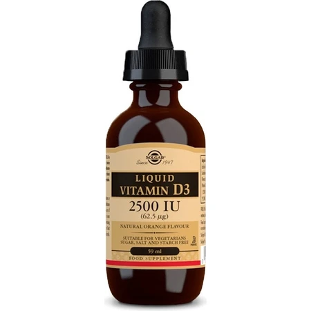 Solgar Vitamina D3 2500 UI líquida con sabor natural a naranja 59 ml 1×59 ml 1×59 ml, complemento alimenticio