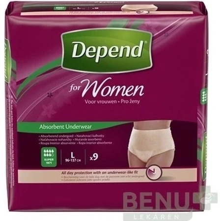 DEPEND SUPER L para mujer 1×9 unidades, slip elástico, contorno de cadera 95-130 cm