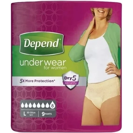 DEPEND SUPER L para mujer 1×9 unidades, slip elástico, contorno de cadera 95-130 cm