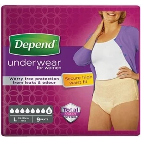 DEPEND SUPER L para mujer 1×9 unidades, slip elástico, contorno de cadera 95-130 cm