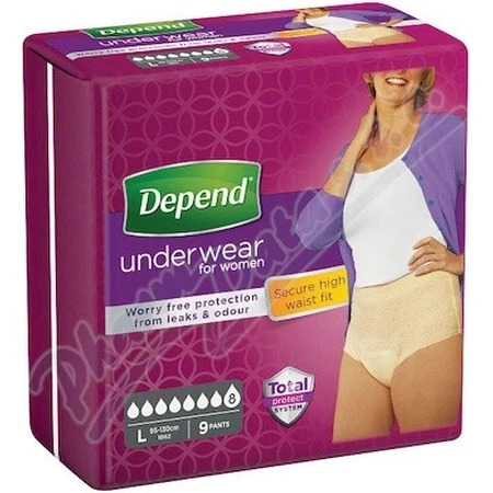 DEPEND SUPER L para mujer 1×9 unidades, slip elástico, contorno de cadera 95-130 cm