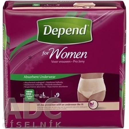 DEPEND SUPER L para mujer 1×9 unidades, slip elástico, contorno de cadera 95-130 cm