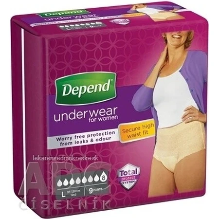 DEPEND SUPER L para mujer 1×9 unidades, slip elástico, contorno de cadera 95-130 cm