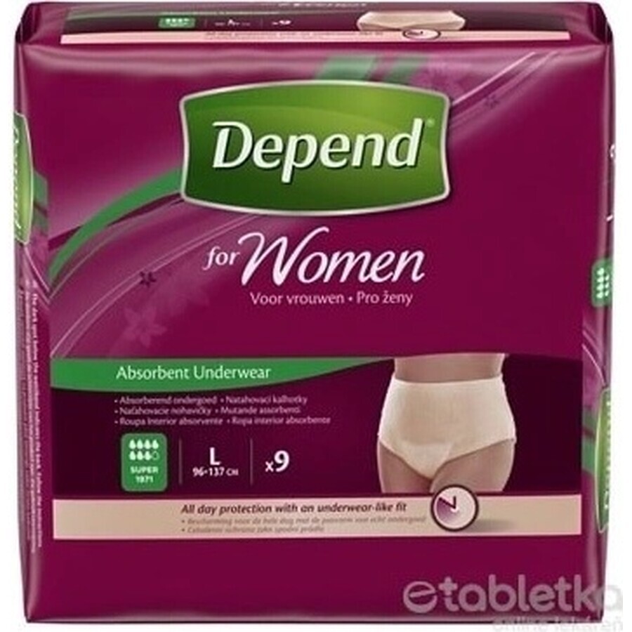 DEPEND SUPER L for women 1×9 pcs, elastic briefs, hip circumference 95-130 cm