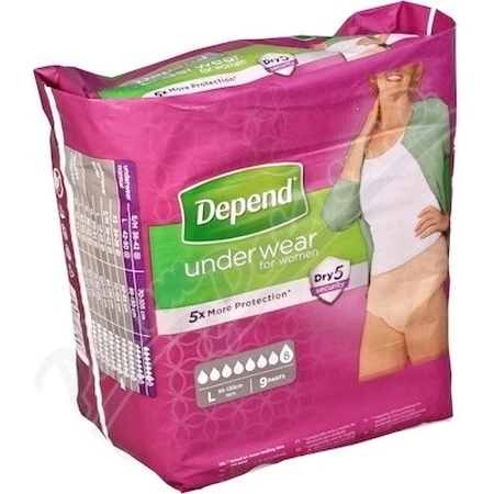 DEPEND SUPER L para mujer 1×9 unidades, slip elástico, contorno de cadera 95-130 cm